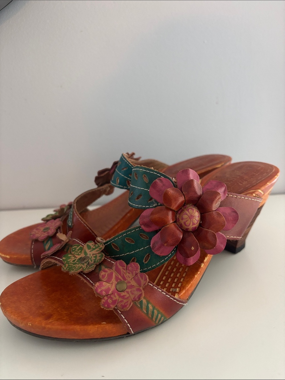Artisan Floral Leather Slide Mules in Burgundy and Teal